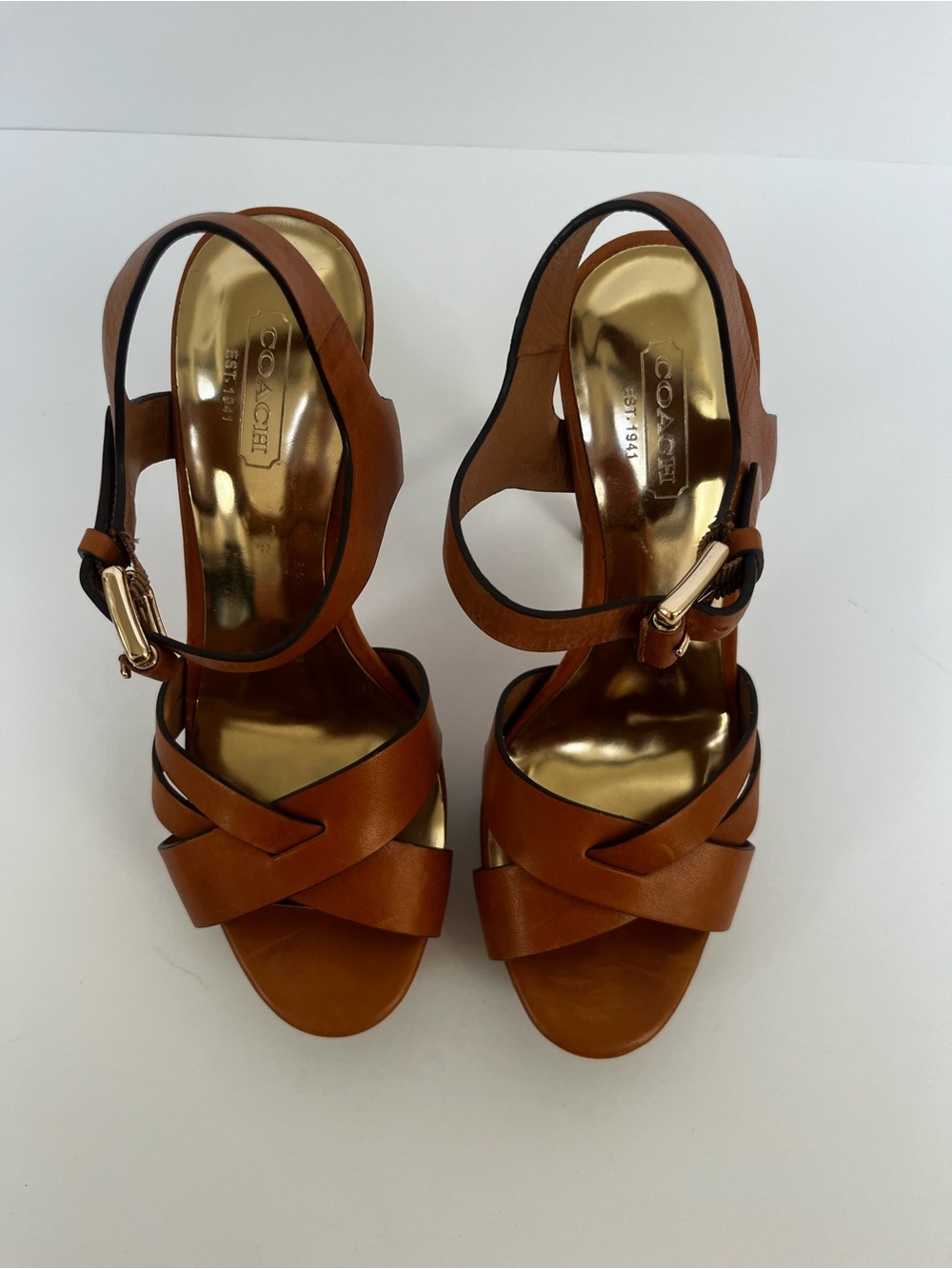 Coach Tan Leather Crisscross Wedge Sandals with Gold Accents